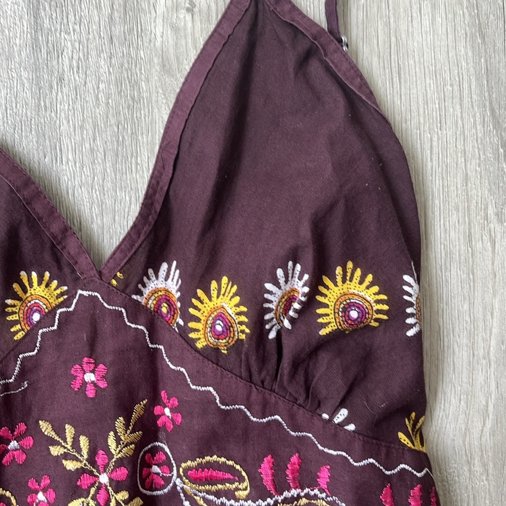 Y2K V Neck Embroidered Sundress chocolate brown, pink, yellow, and orange - Picture 4 of 5